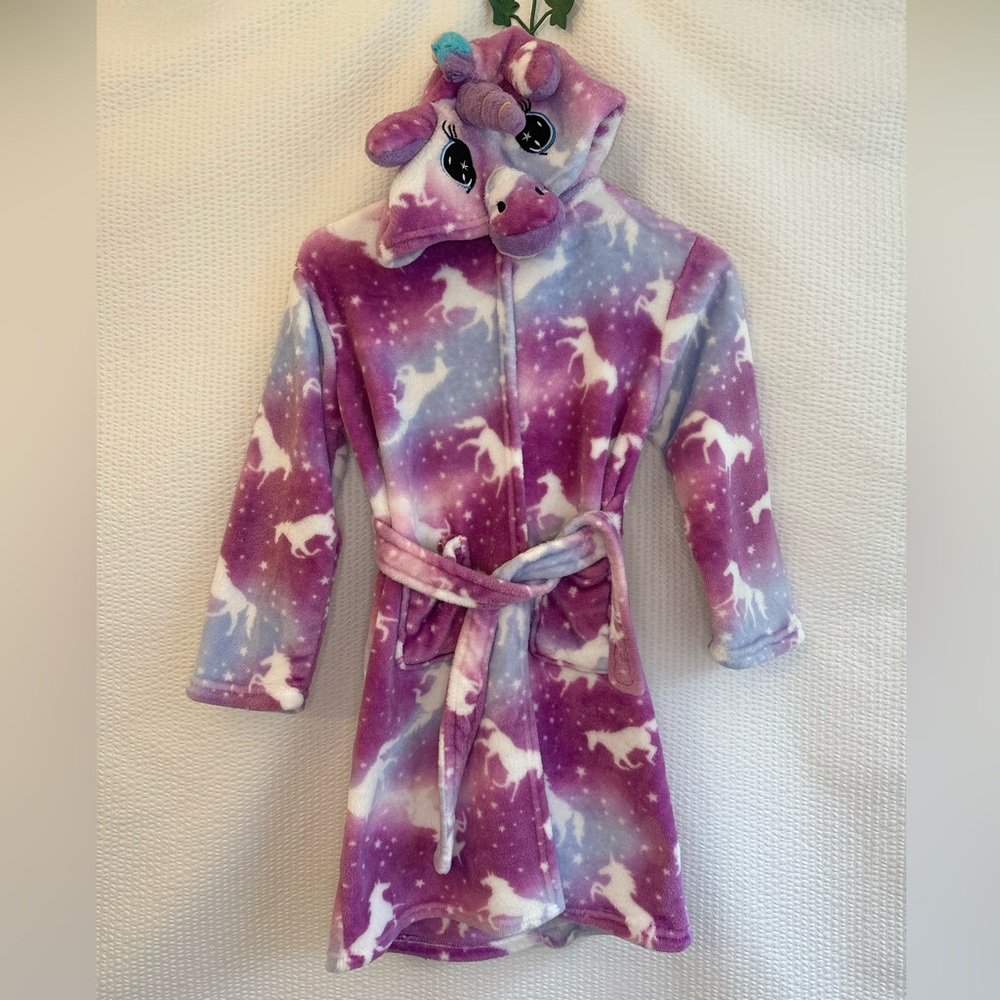 Girls Unicorn Hooded Plush Fleece Robe Purple Blue Galaxy Bathrobe Size 7/8